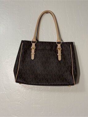 Michael Kors Dark Brown MK Logo Tote with Beige Trim